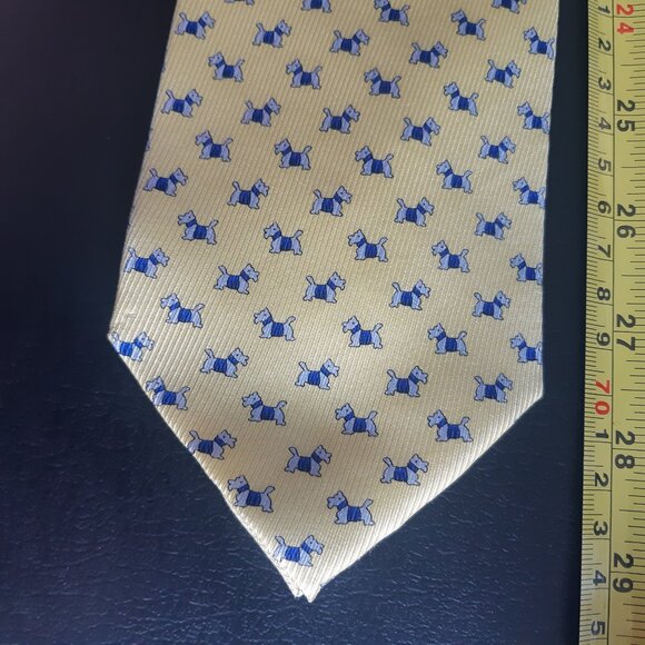 Scottie Dog Repeating Pattern Soft Yellow with Blue & White- Men's Tie 100% Silk - Picture 9 of 9
